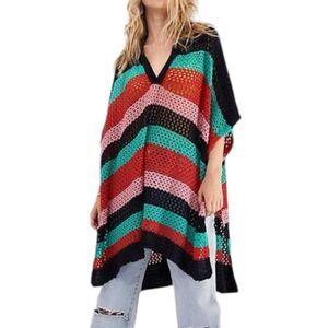Free People Bayside Rainbow Stripe Open Knit Oversized Sweater Poncho Size OS